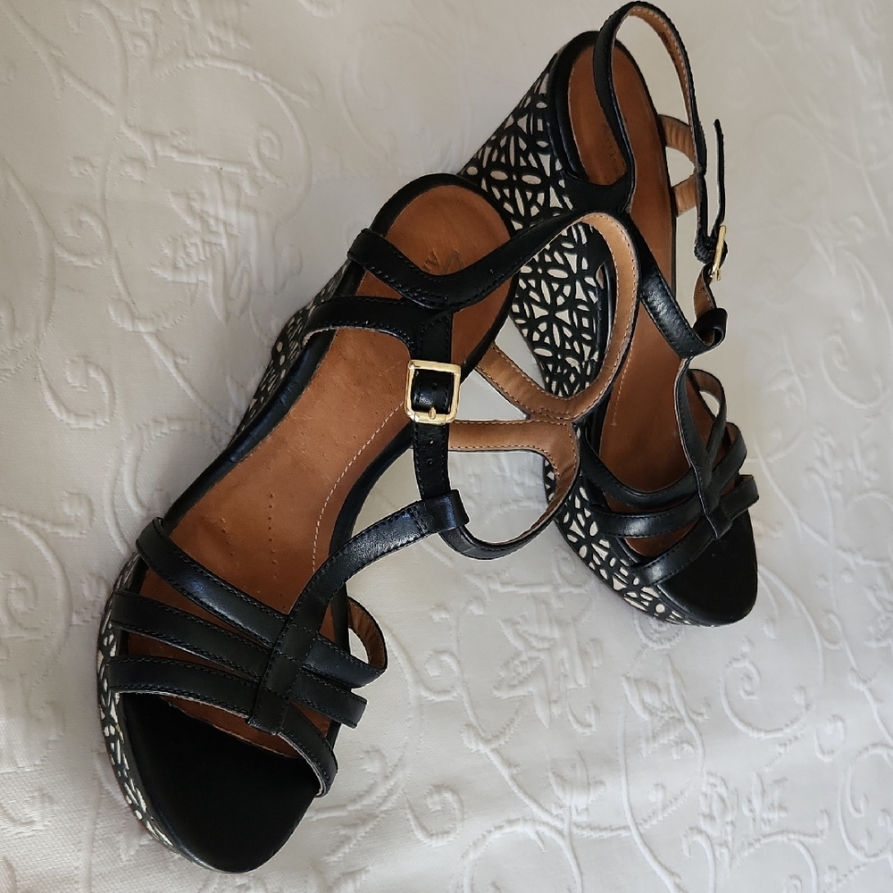 Clarks Black Strappy Wedge Sandals